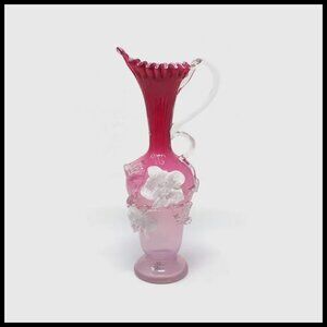 Victorian Stevens & Williams Opalescent Pink Glass Ewer with Applied Flowers